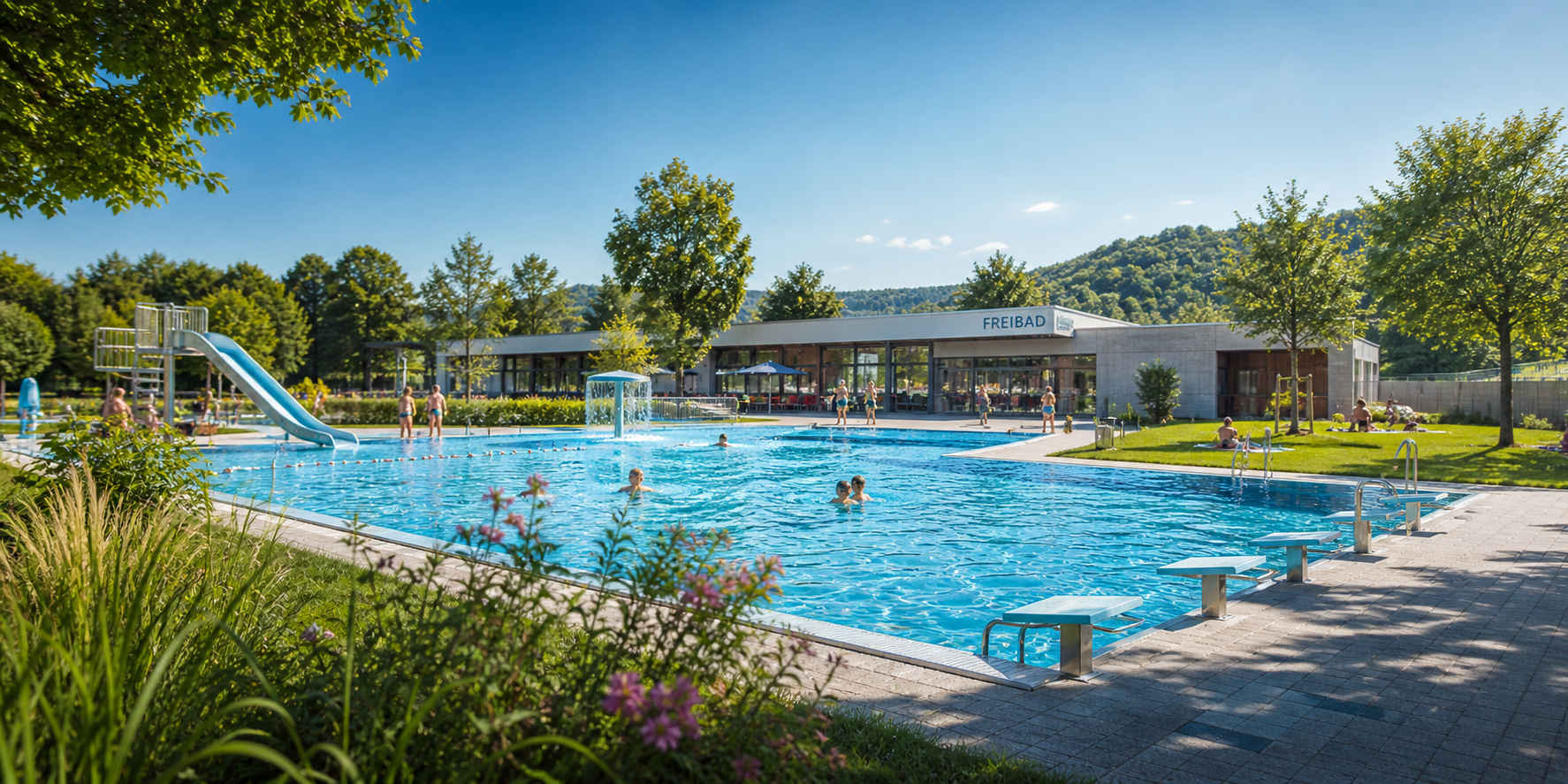 Modernes Freibad mit Schwimmbecken und Eingangsbereich