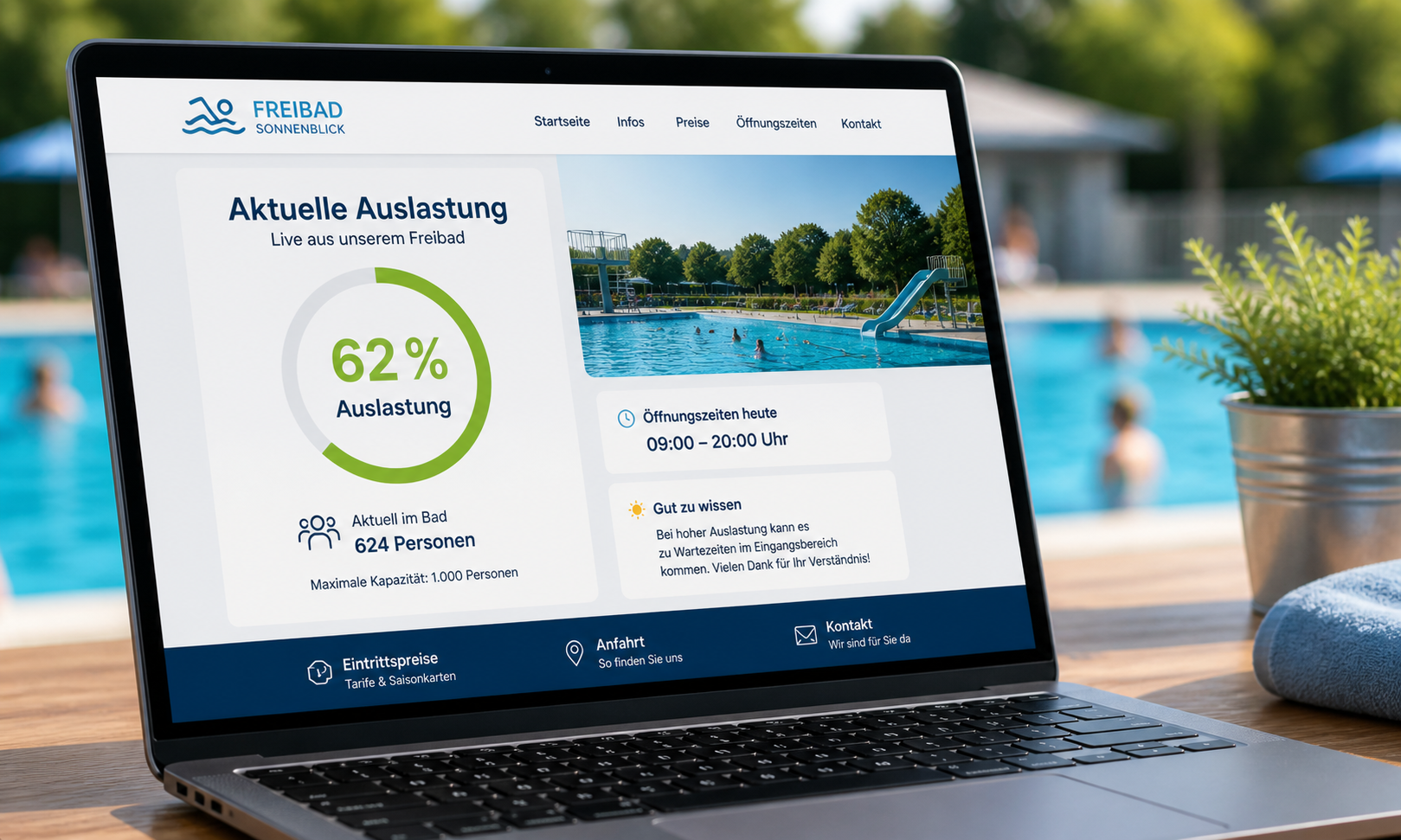Beispiel für die aktuelle Auslastungsanzeige auf einer Freibad-Website